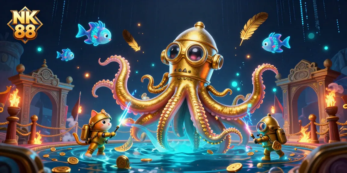 Engage with the thrilling world of NK 88, where a playful diving cat and a colossal kraken unveil enticing treasures.