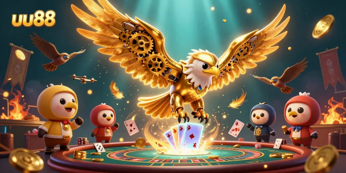 UU88's golden eagle dives through holographic cards in a lively casino setting, showcasing energetic gameplay.