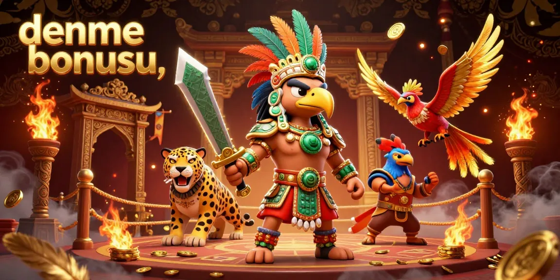 Engage with deneme bonusu at a vibrant 3D casino illustration featuring an Aztec warrior, jaguar companion, and golden elements.