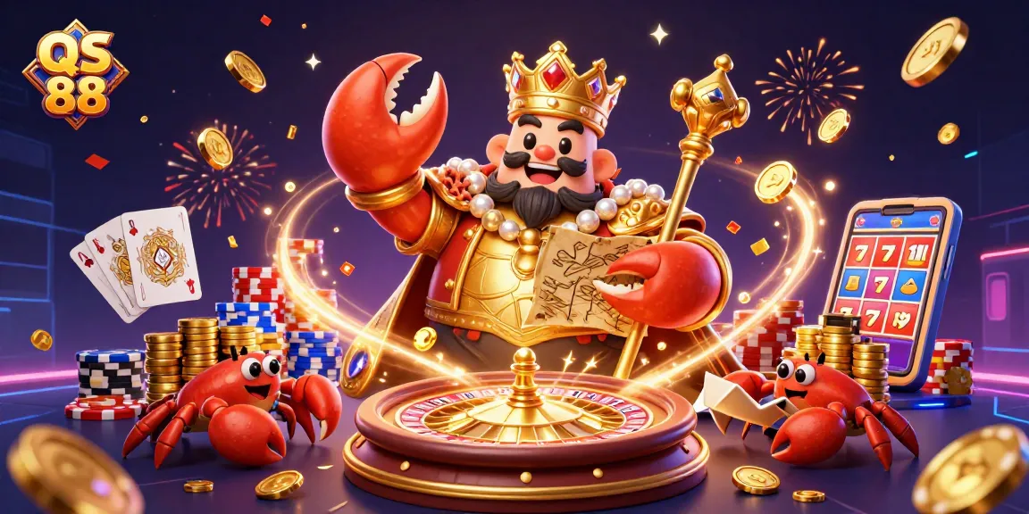 Experience excitement and win at QS 88 with a vibrant 3D casino scene featuring a golden crab emperor and dynamic game elements.