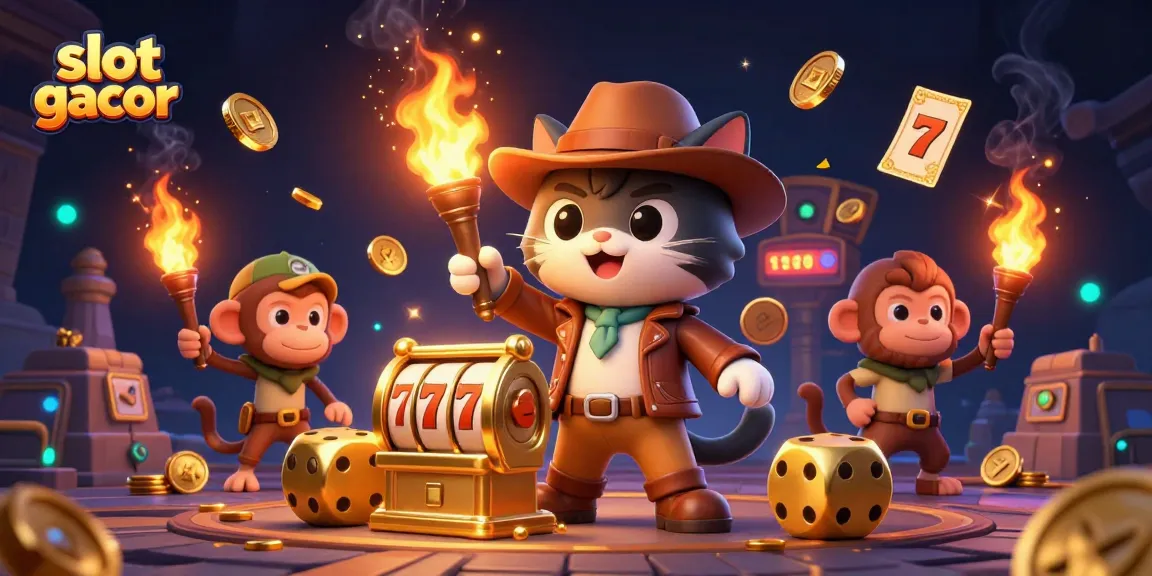 Gambarkan suasana slot gacor dengan karakter arkeolog kucing menemukan artefak jackpot emas.