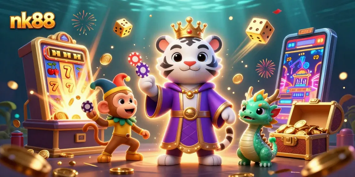 Experience the thrilling excitement of nk88 with a lively 3D casino illustration featuring a majestic tiger, playful monkey, and jackpot symbols.