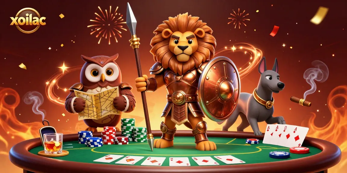 Engage in thrilling gambling at xoilac with a vibrant poker scene featuring a Spartan lion.