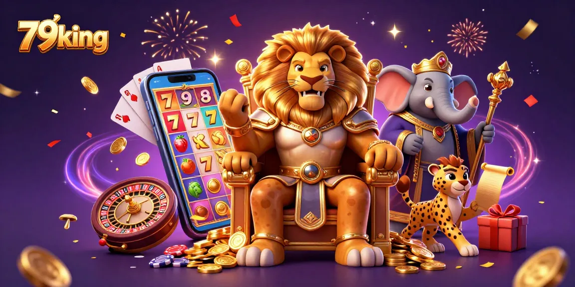 Spin the reels with 79king in a vibrant casino scene featuring a lion king and thrilling games.