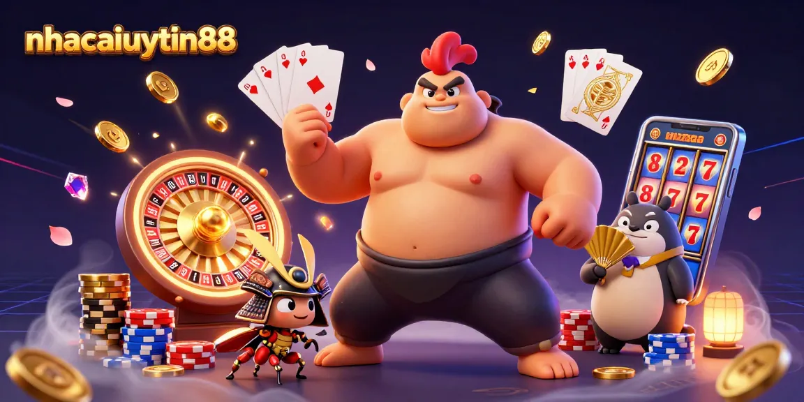 Engage with nhacaiuytin88 for an electrifying online casino experience, showcasing a dynamic sumo chicken, cricket, and tanuki.