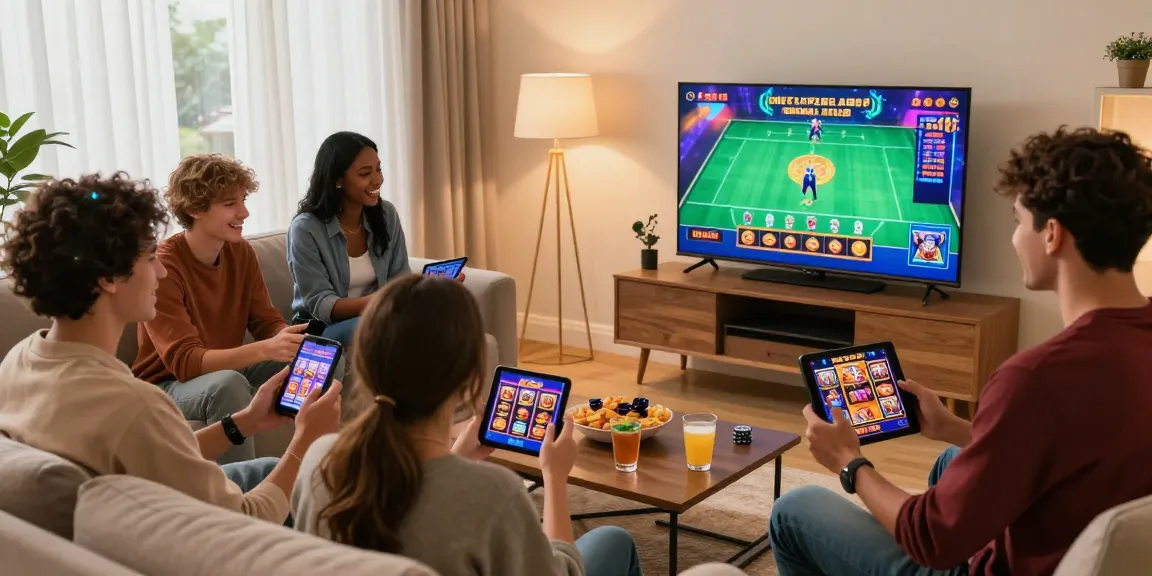 Engaging scene of players enjoying new online casinos UK with smartphones and live dealer games in a vibrant home setting.