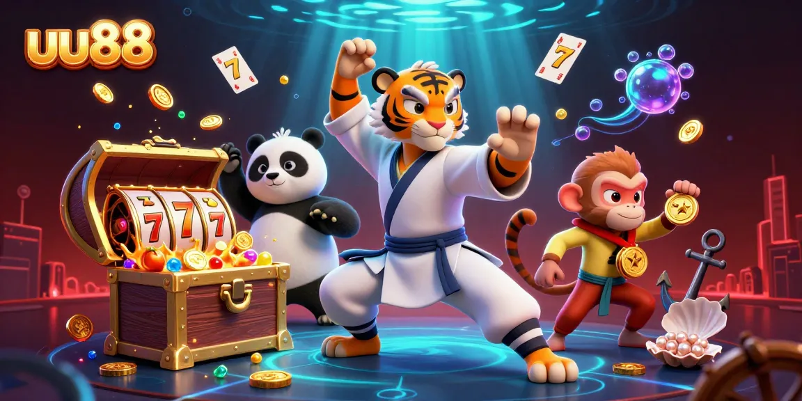 Spin the reels and collect treasures with uu88's vibrant online casino adventure, featuring a kung fu tiger.
