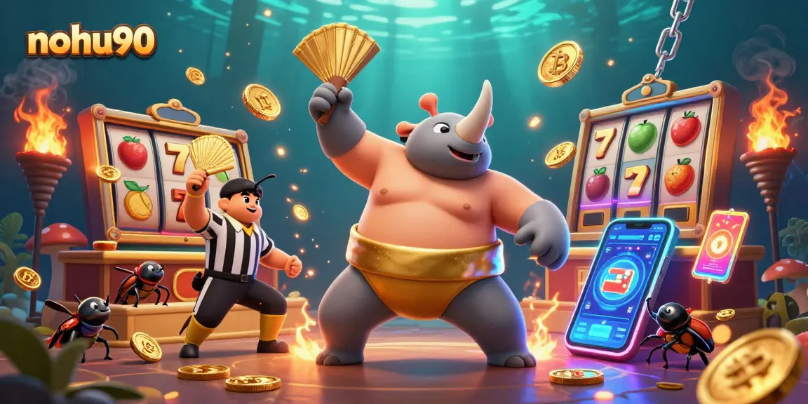 Win big with nohu90 as a sumo beetle champion stomps for jackpot coins amidst vibrant slot reels.