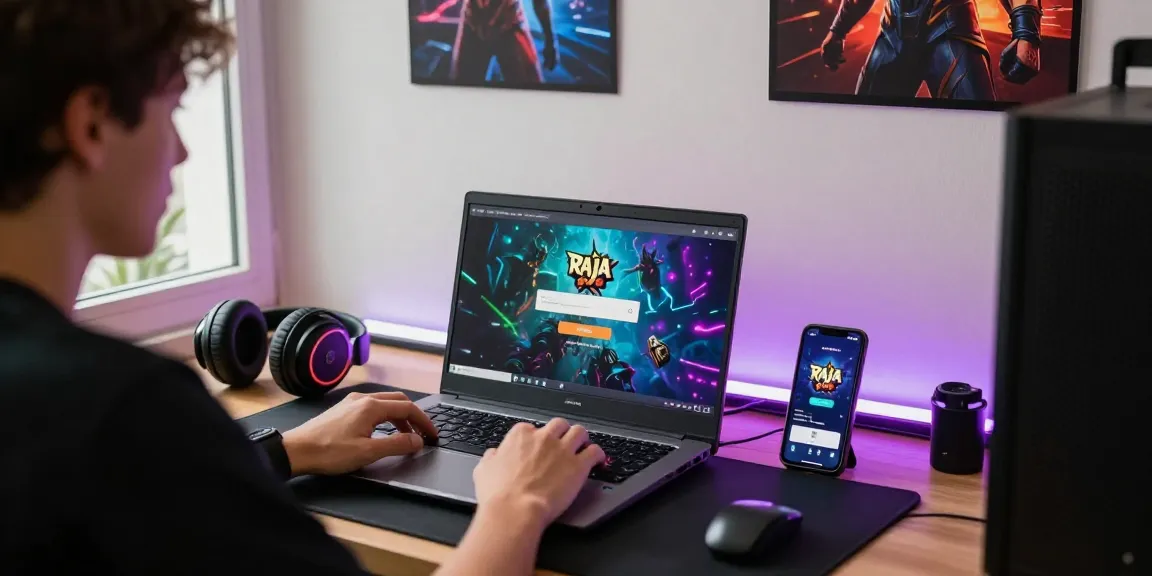 Raja Game login interface on a laptop with gaming setup and vibrant ambiance
