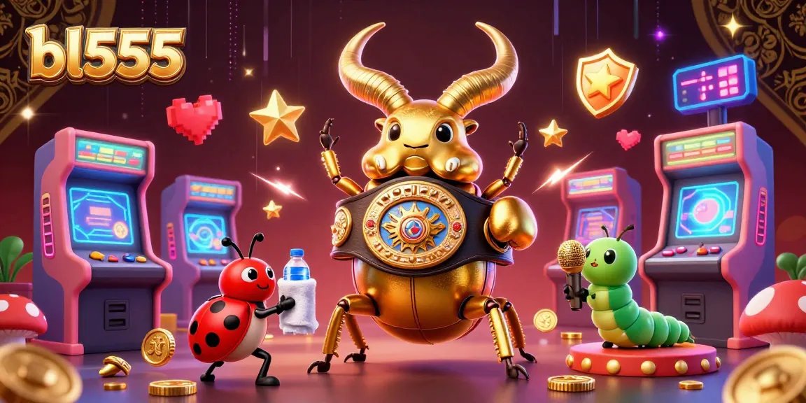 Engage with bl555's vibrant gaming scene featuring a golden stag beetle champion amidst casino elements.
