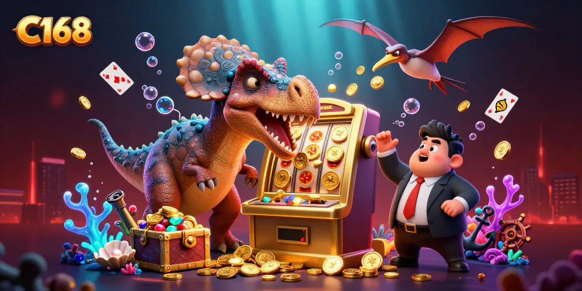 C168 invites players to experience a thrilling jackpot scene with cartoon dinosaurs generating excitement and coins flying.