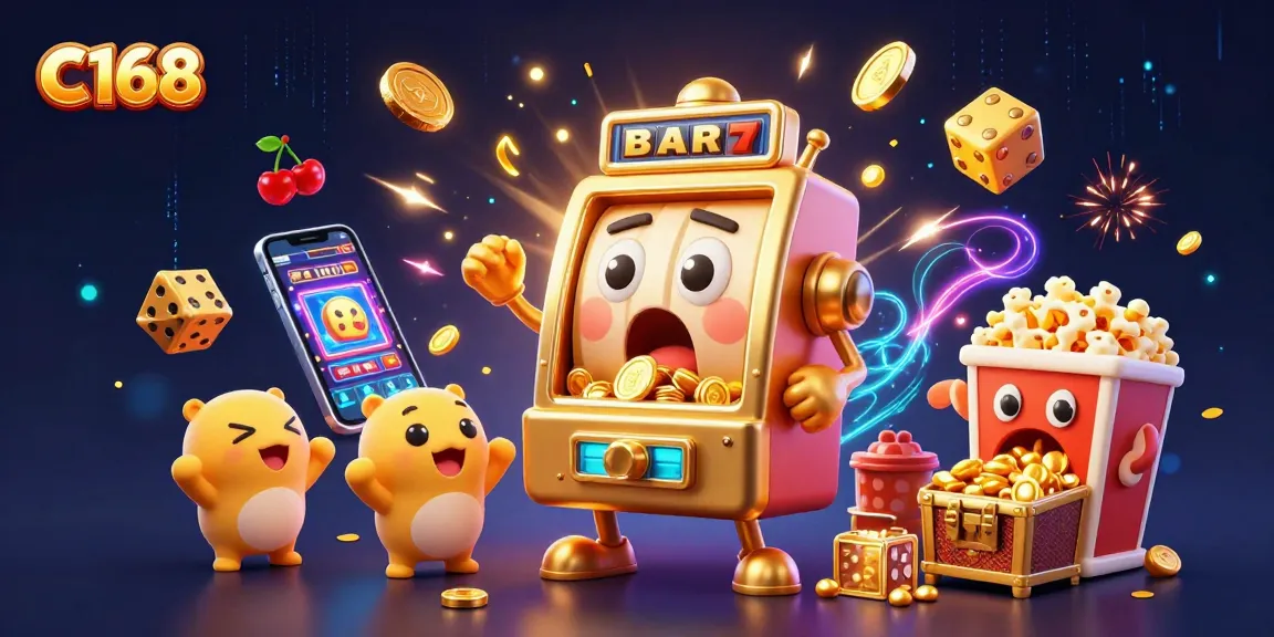 C168 slot machine hits jackpot, coins flying with vibrant casino elements in 3D scene.