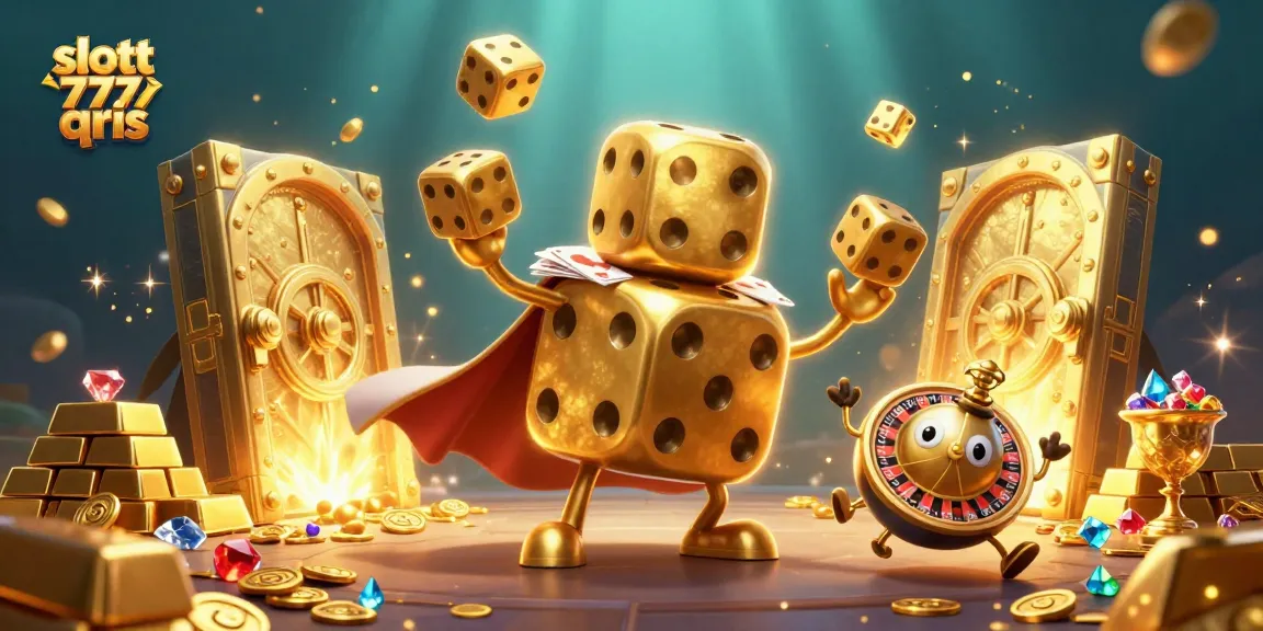 Experience the excitement of slott 777 qris with golden dice, gems, and vibrant casino elements.