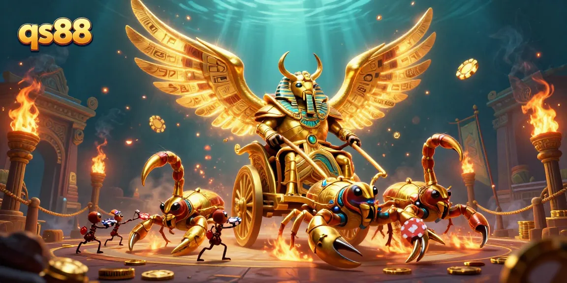 Engage in exhilarating gaming adventures with qs88's stunning 3D illustration featuring a golden scarab beetle and scorpion chariot.