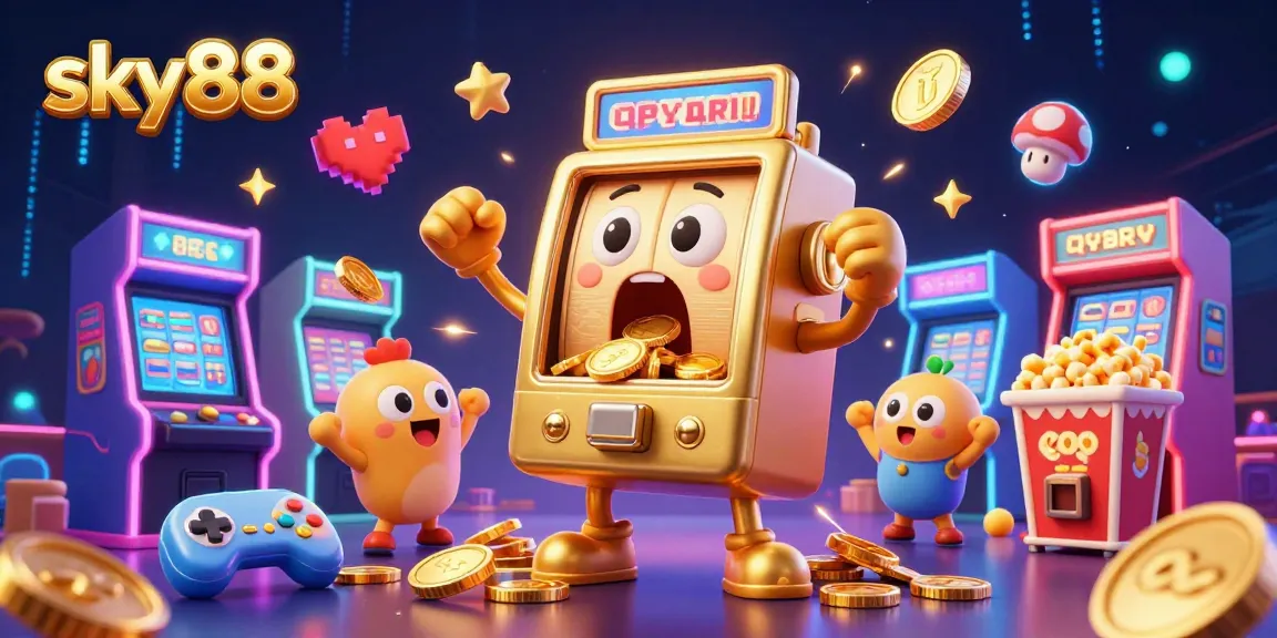 Sky88 showcases a golden slot machine hitting a jackpot, surrounded by cheering companions and arcade games.