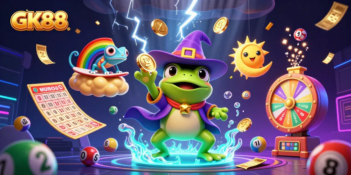 GK88 offers thrilling lottery gameplay with vibrant colors and captivating characters in an energetic 3D scene.