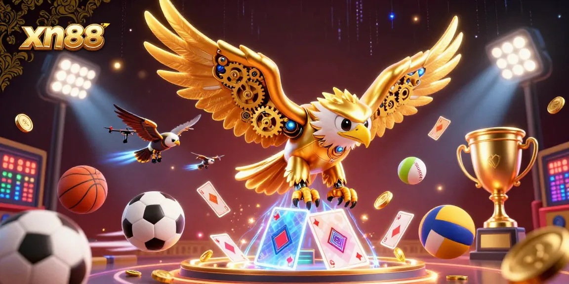 Experience thrill with xn88 as a golden eagle dives through holographic cards amid sports elements.