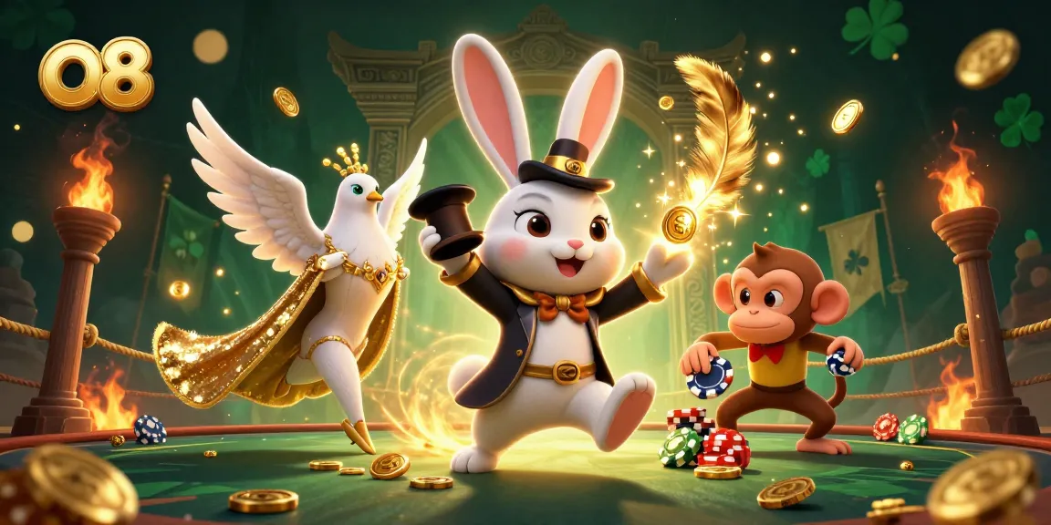 Experience the magic of o8 casino with a 3D illustration featuring characters and treasures.