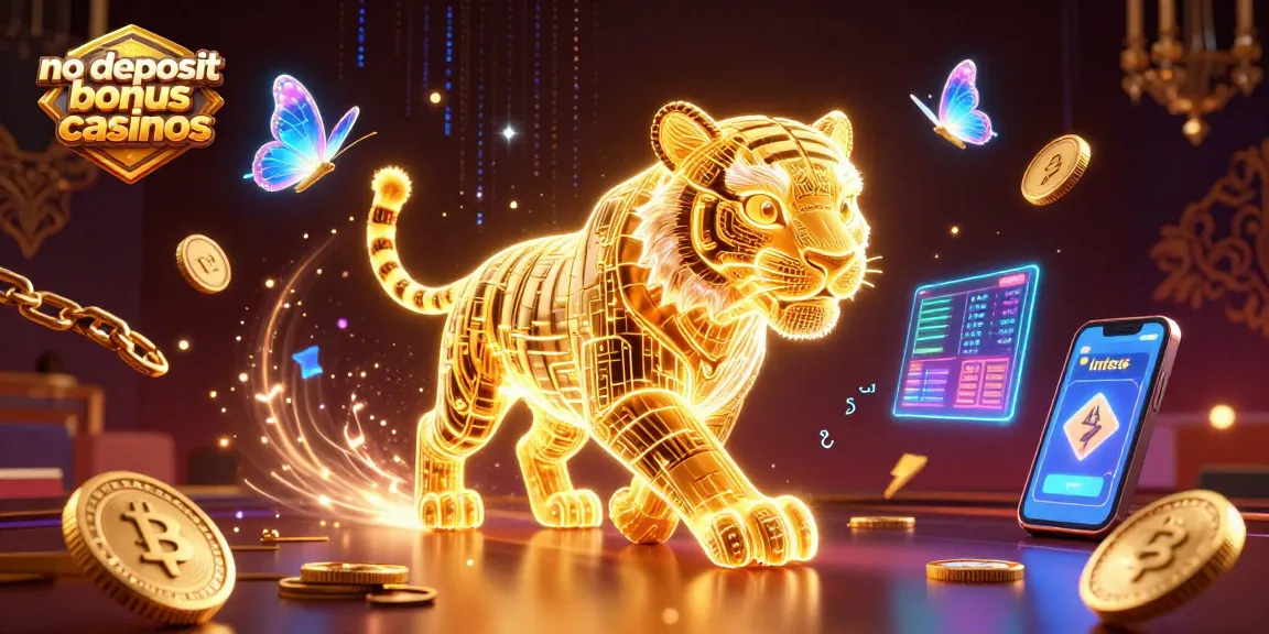 No deposit bonus casinos featuring a glowing tiger in a digital casino landscape with neon coins.