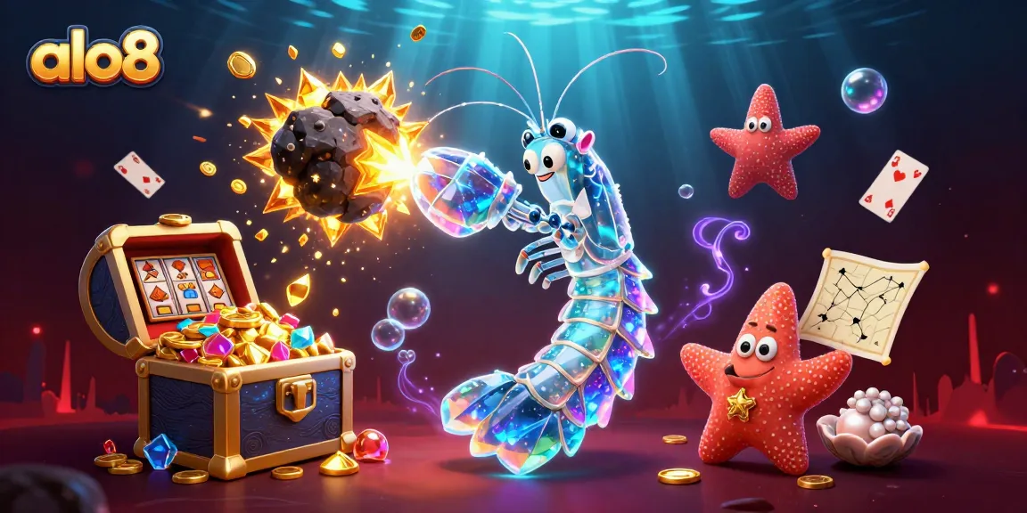 alo8 showcases a vivid dynamic scene of a galactic samurai mantis shrimp amidst exploding treasures and exciting gambling elements