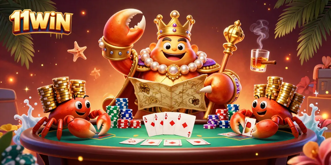 Join the thrilling action at 11WIN with the golden crab emperor amidst vibrant casino elements.