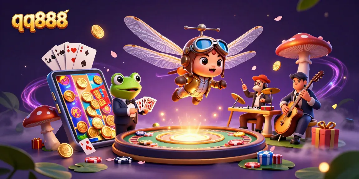 Experience thrilling games at qq888 with a vibrant scene of a dragonfly pilot and frog croupier.