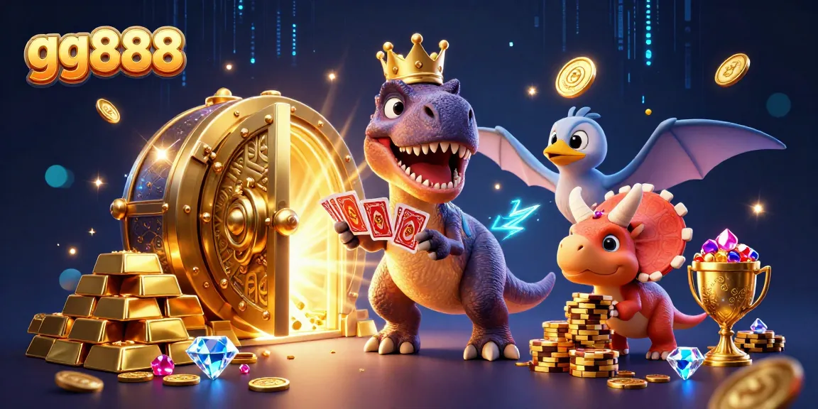 Experience the excitement of gg888 with friendly dinosaurs playing cards and stacking chips in a vibrant casino scene.