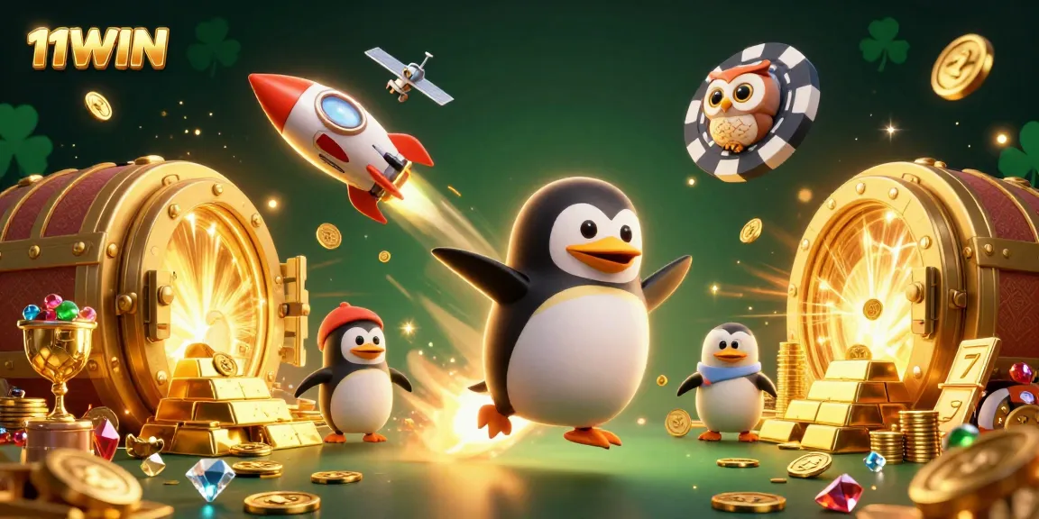 Experience the thrill of 11WIN as a golden penguin rockets through a vibrant casino realm filled with treasures.