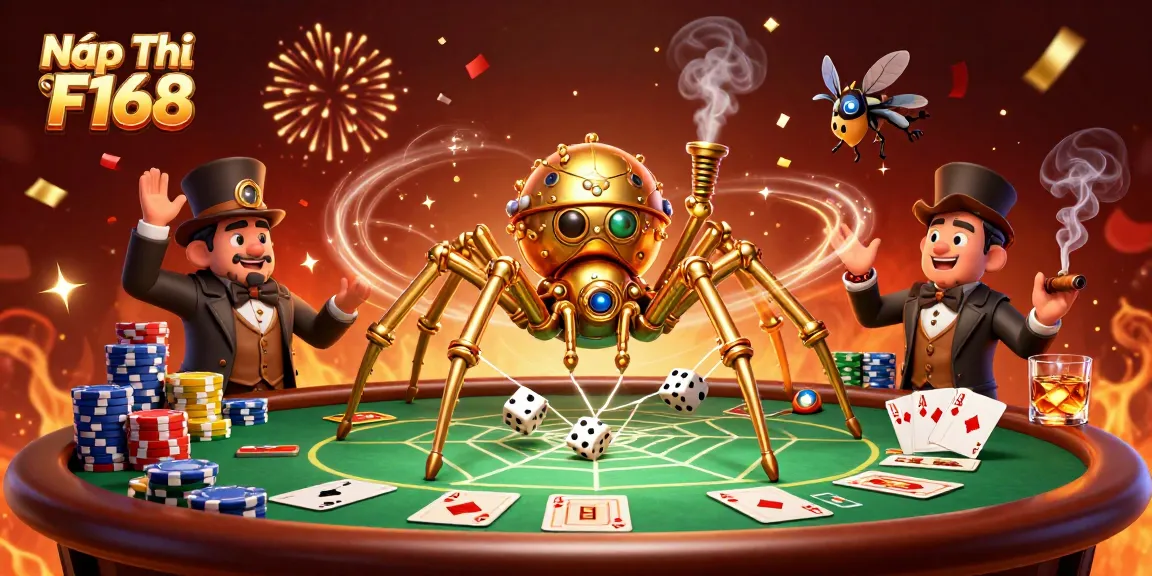 Nạp Tiền F168 showcases a steampunk spider ensnaring dice amidst vibrant casino elements.