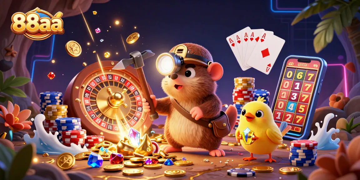 Experience thrilling gameplay at 88aa with vibrant casino elements and a treasure hunter exploring for riches.