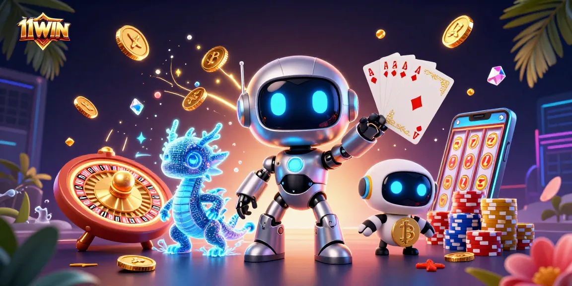 Engage with 11WIN's lively gaming scene featuring a cyberpunk robot, AI dragon, and bitcoin drone.