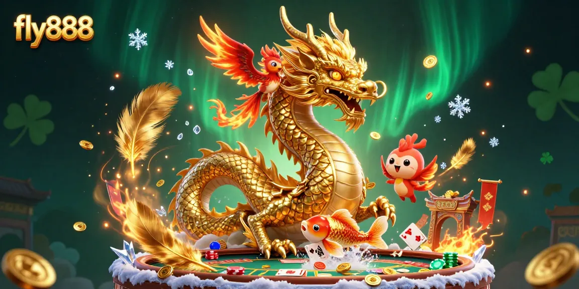 Immerse in fly888 with a captivating scene of a dragon, phoenix, and koi fish amidst rich gaming elements.
