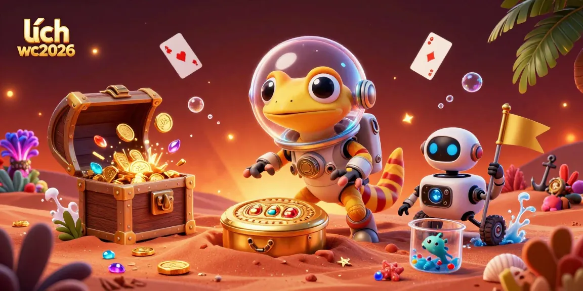 View the vibrant scene of a Martian gecko discovering a golden casino in a fantastic landscape, promoting lịch wc2026.