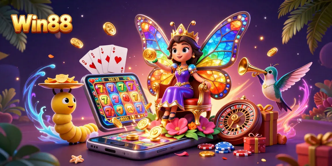 Win88 engages players with vibrant casino imagery showcasing a butterfly queen in a lively gambling scene.
