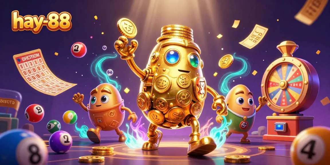 Experience the dynamic gaming world of hay-88 with vibrant lottery balls and a golden golem.