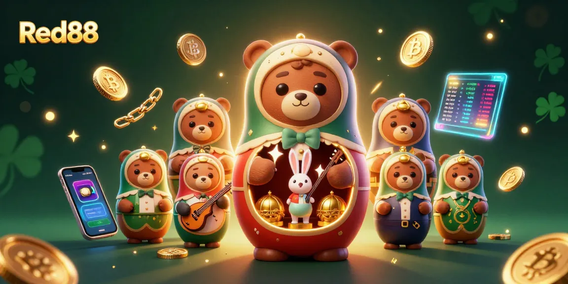 Experience thrilling gaming at Red88 with a lively 3D illustration of charming characters and casino elements.