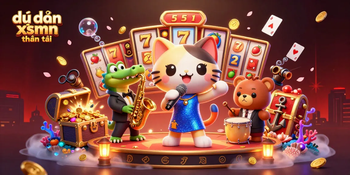 Dự đoán xsmn thần tài showcases colorful slot elements with a jazz-singer cat and lively characters in a vibrant casino scene.