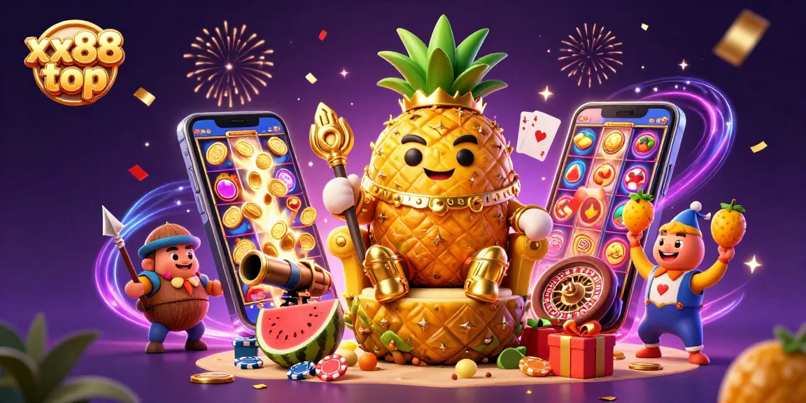 Experience the excitement of xx88 top with a vibrant casino scene showcasing a golden pineapple king and his entourage.