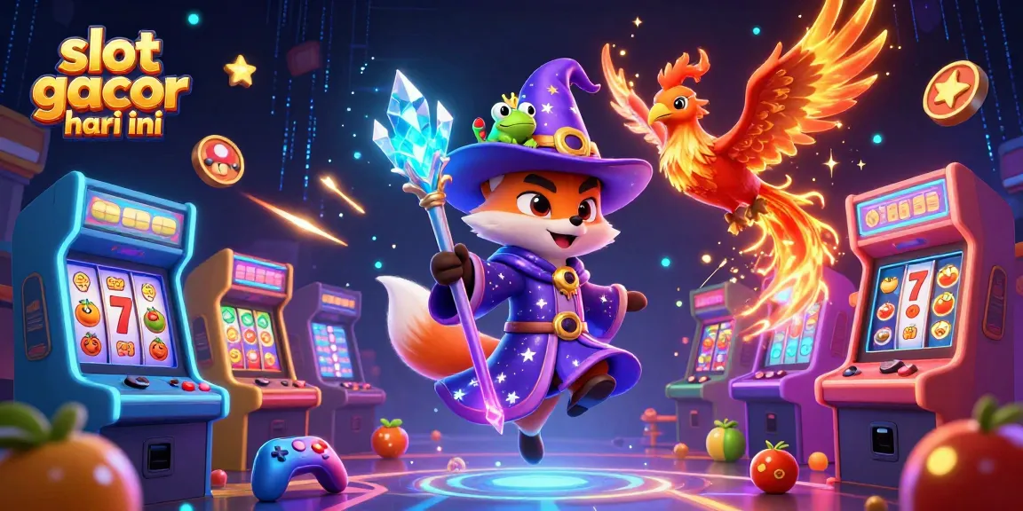Experience the magic of slot gacor hari ini with our whimsical casino illustration featuring a wizard, phoenix, and enchanting game elements.
