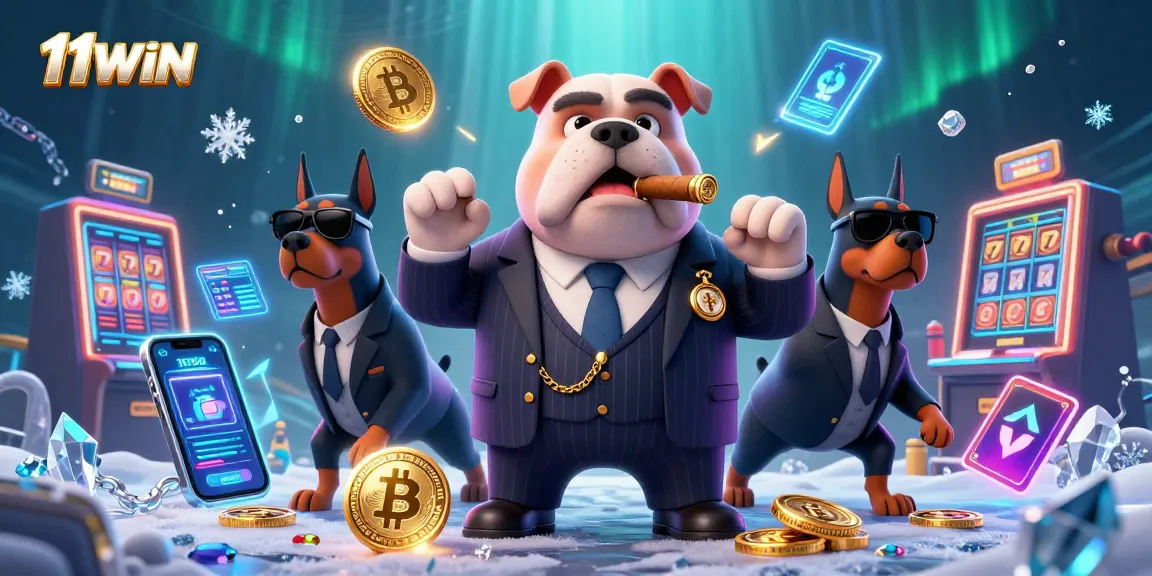 Experience thrilling wins with 11WIN's cartoon mafia boss bulldog in a neon-lit casino scene.