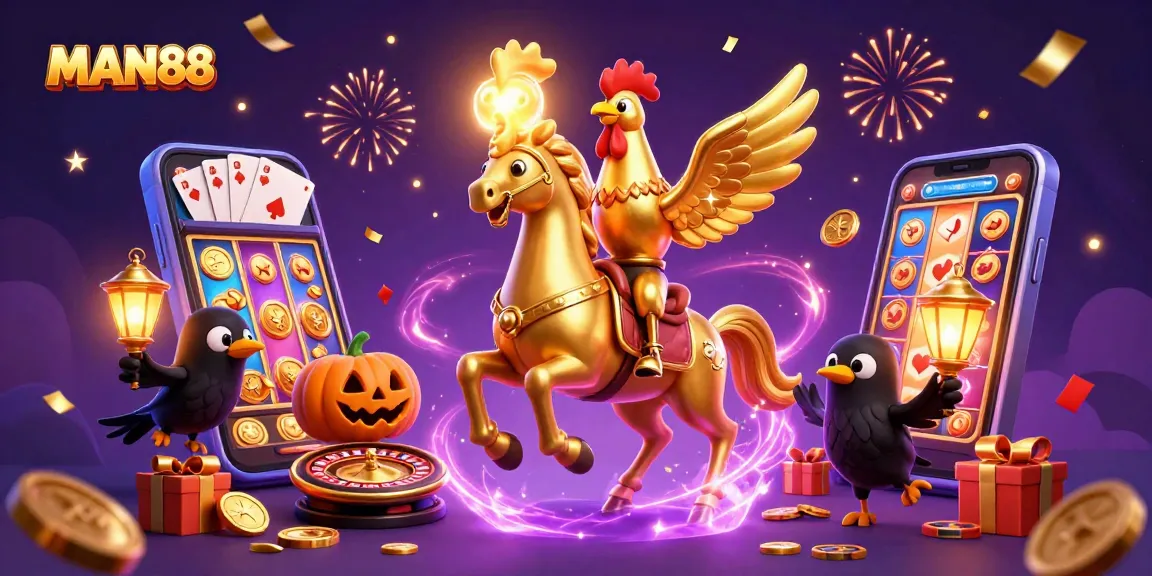 Experience MAN88's thrilling casino excitement with golden rooster and magical elements