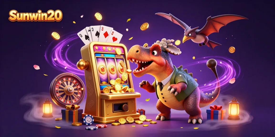 Exciting Sunwin20 scene with dinosaurs and casino action showing jackpot wins.