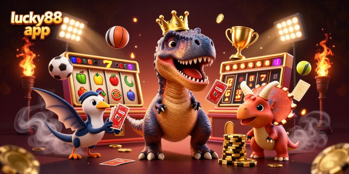 Engage with the lucky88 app as the dinosaur dealers shuffle cards and stack golden chips in a vibrant casino scene.