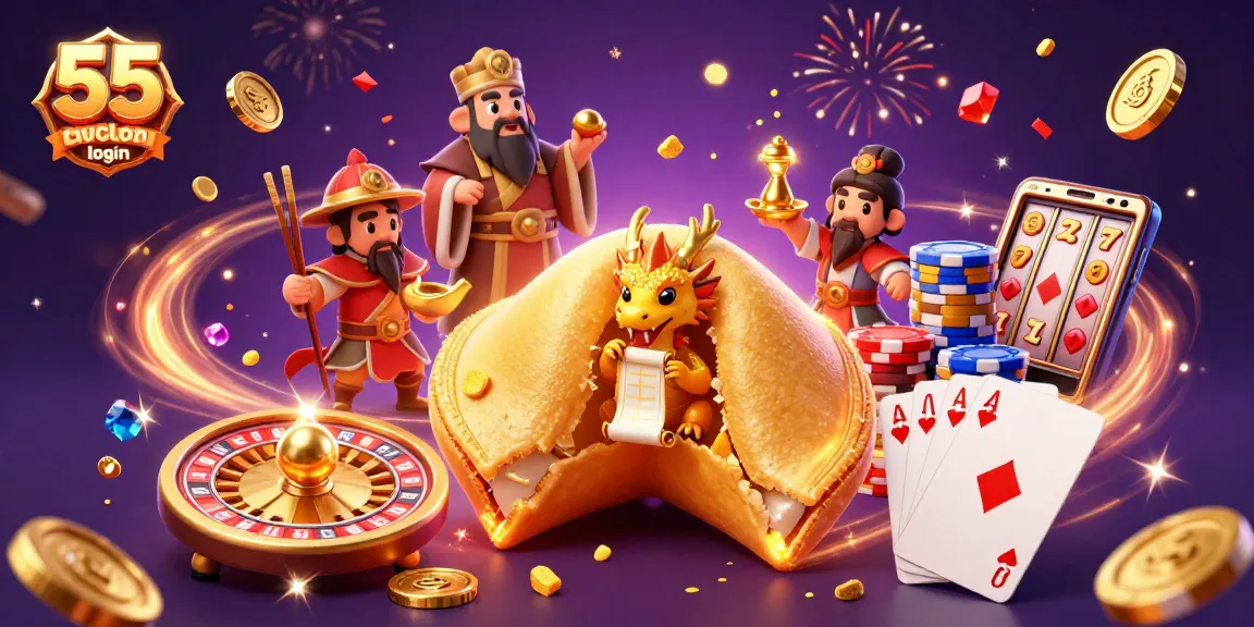 Engage with the 55 club login through a dynamic 3D illustration of fortune cookies and casino elements.