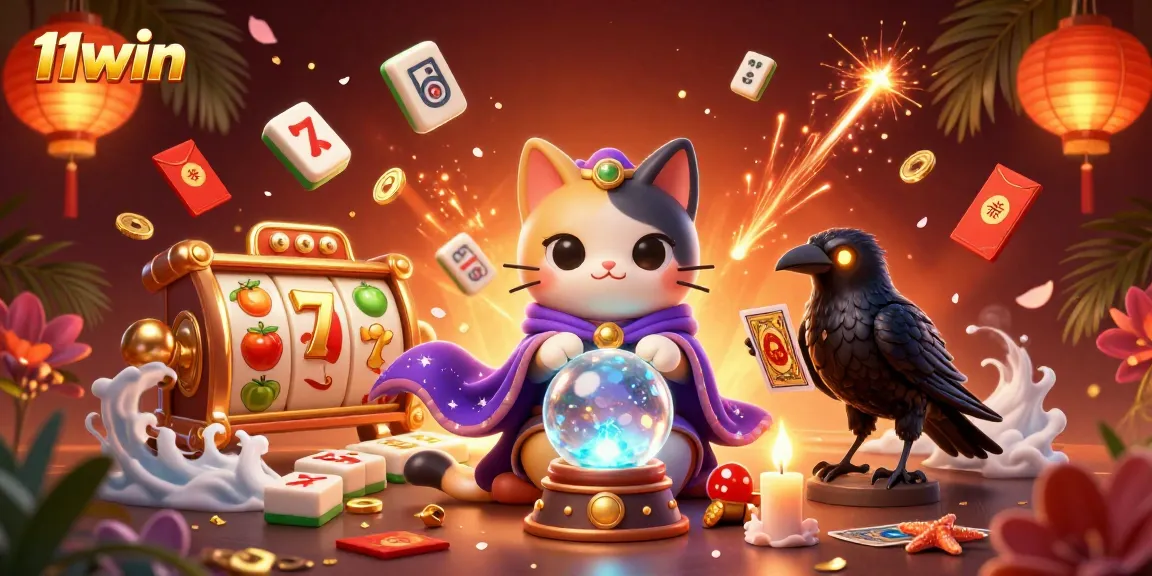Experience the enchantment of 11WIN with a mystical cat, raven, and lively casino symbols.