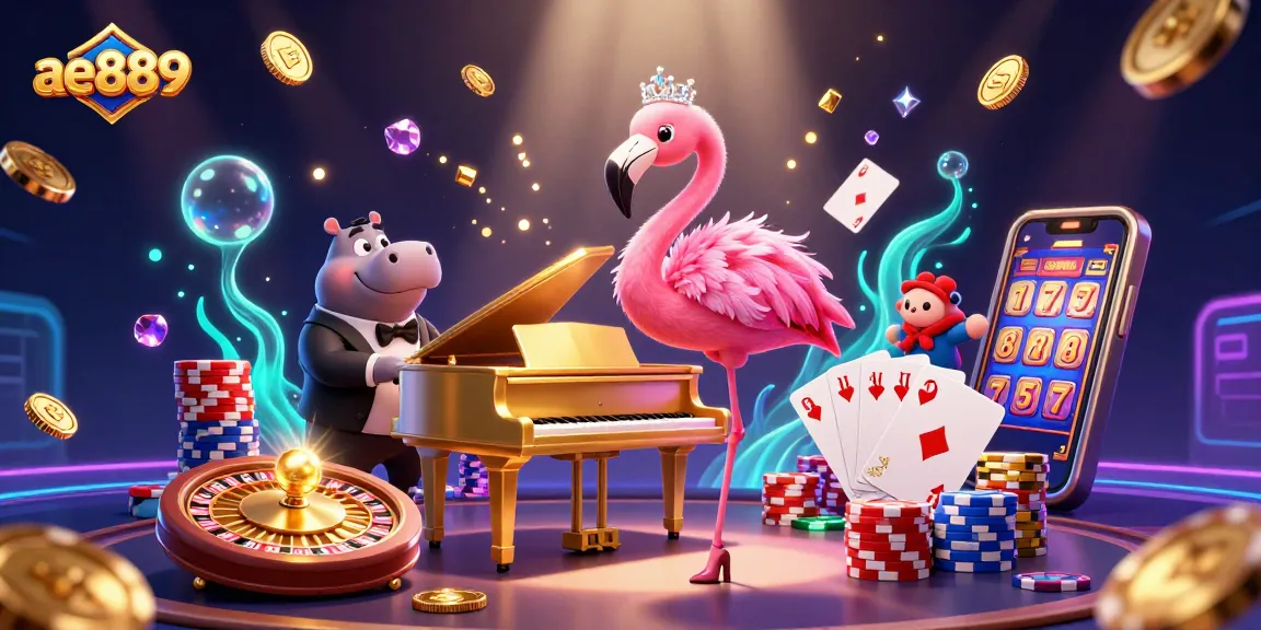 Experience the vibrant casino world of ae889 with a singing flamingo and hippo bassist in an energetic atmosphere.