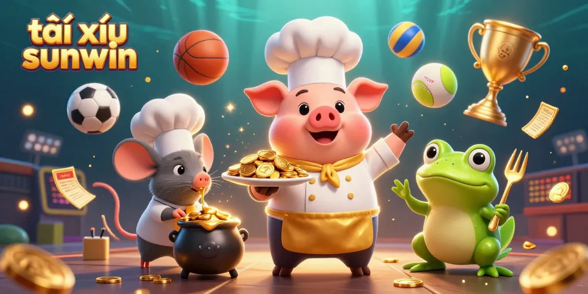 Engage with tài xỉu sunwin featuring a chef pig serving gold coins amidst vibrant sports elements.