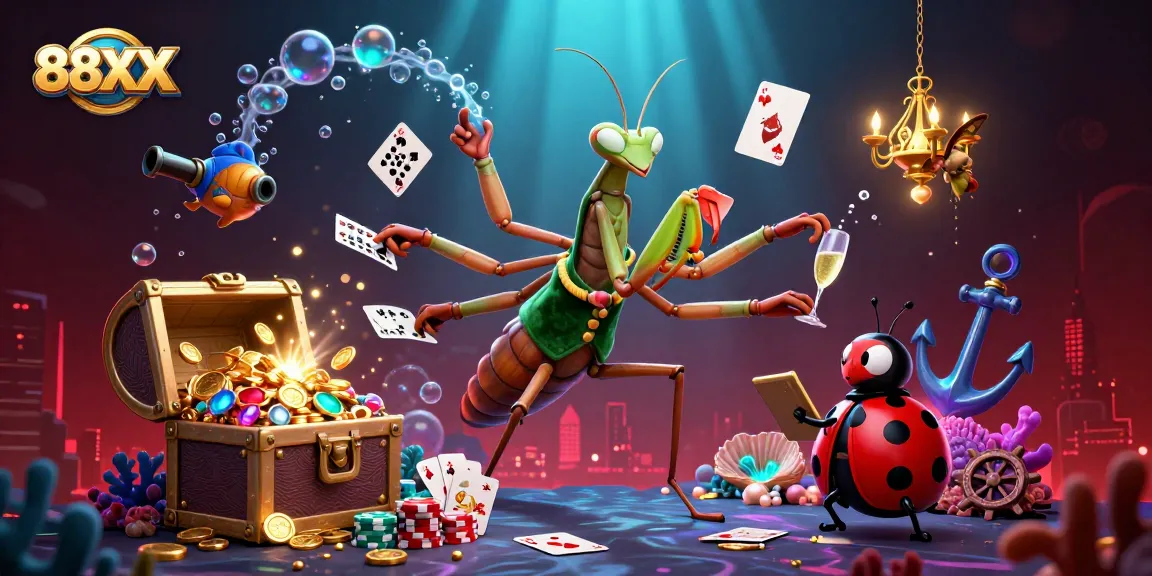 Experience exciting gameplay with 88XX in this vibrant 3D casino scene featuring animated characters and treasures.