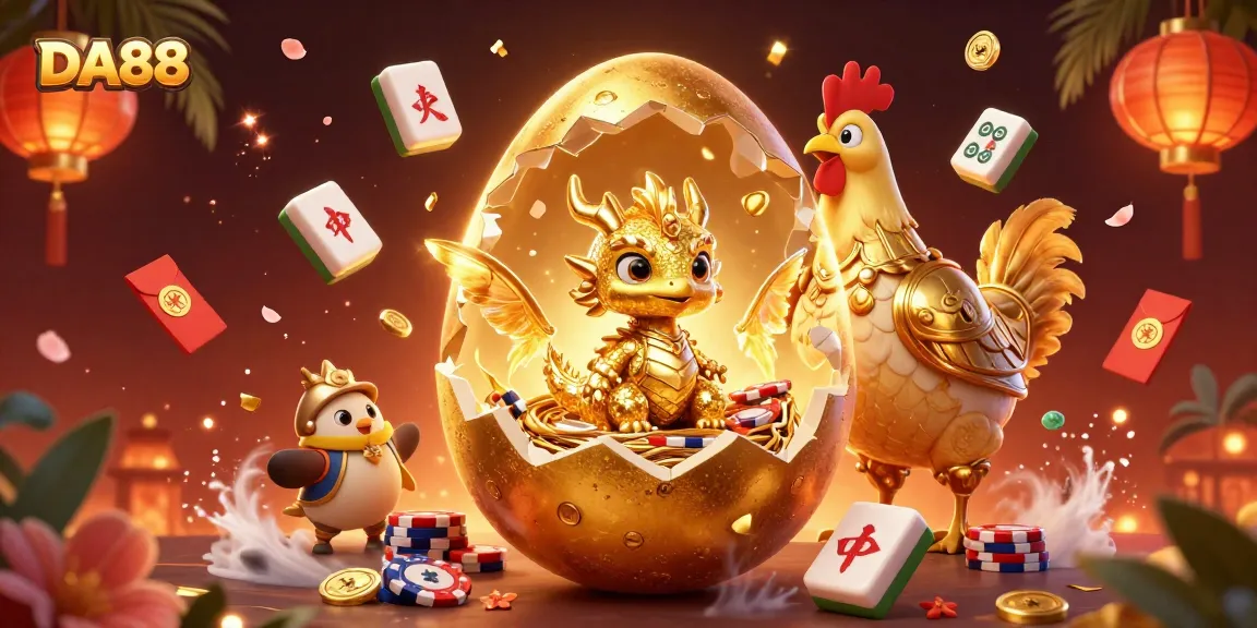 Engage with DA88's vibrant casino scene showcasing golden dragon and poker chips.