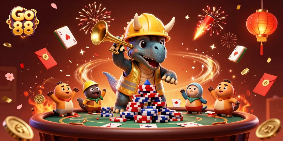 Go 88 celebrates with a triceratops building poker chips as confetti rains down.